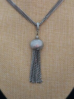 Vintage Monet Silver Tone Double Chain Ball Tassel Pendant Necklace